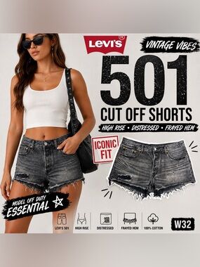 Levi’s 501 Black Distressed Cutoff Shorts High Rise Frayed Hem W32